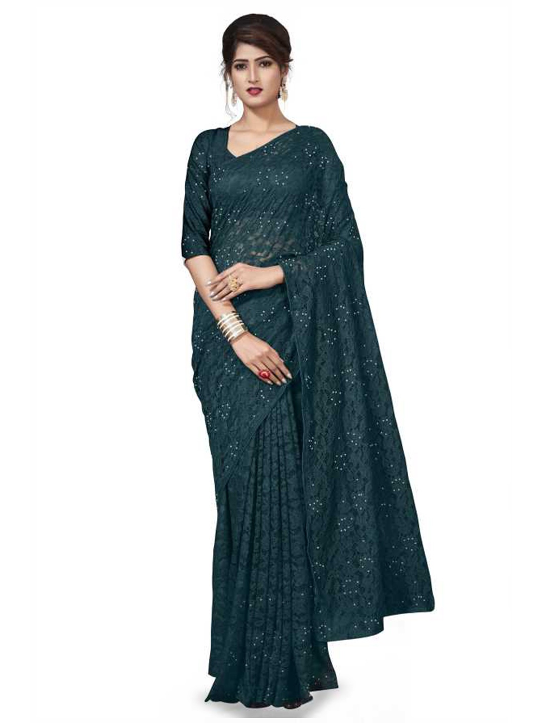 

SAADHVI Embellished Net Ready to Wear Saree, Green