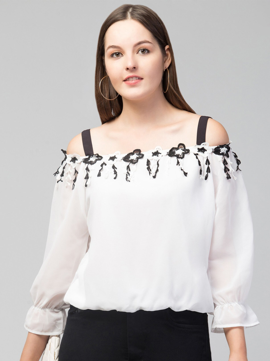 

BAESD Girls Floral Embroidered Cold Shoulder Sleeves Top, White