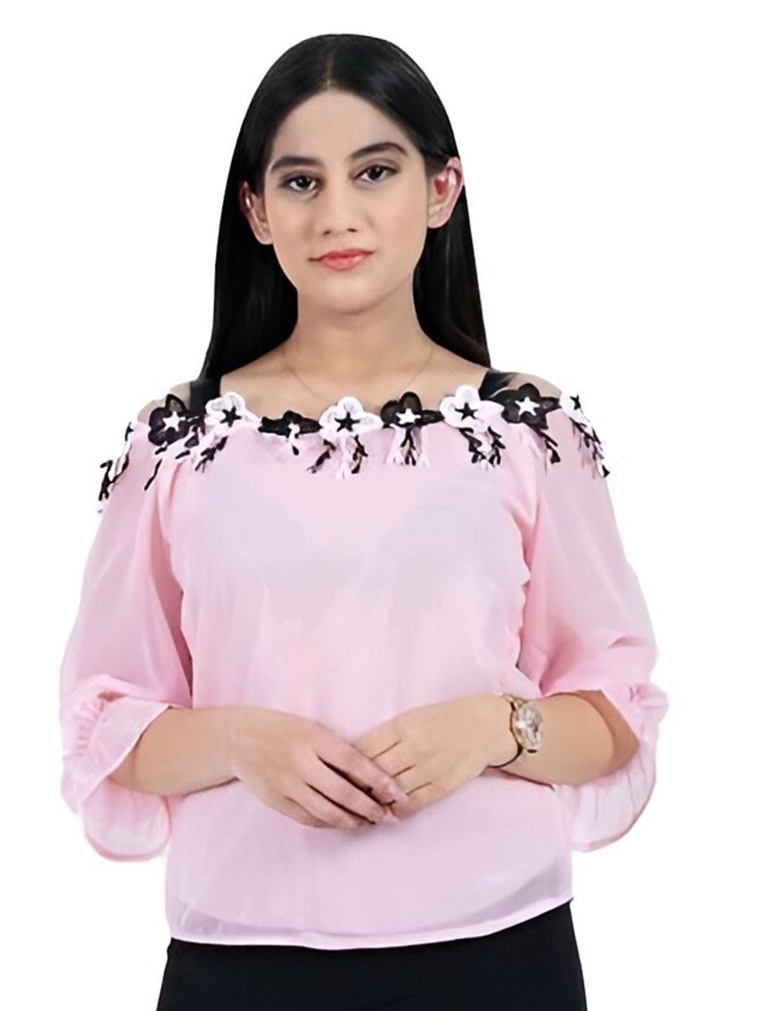

BAESD Girls Floral Embroidered Cold Shoulder Sleeves Top, Pink