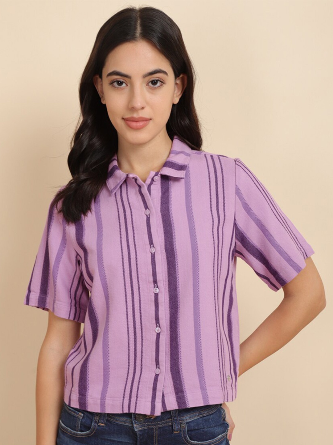

Allen Solly Woman Striped Cotton Shirt, Purple