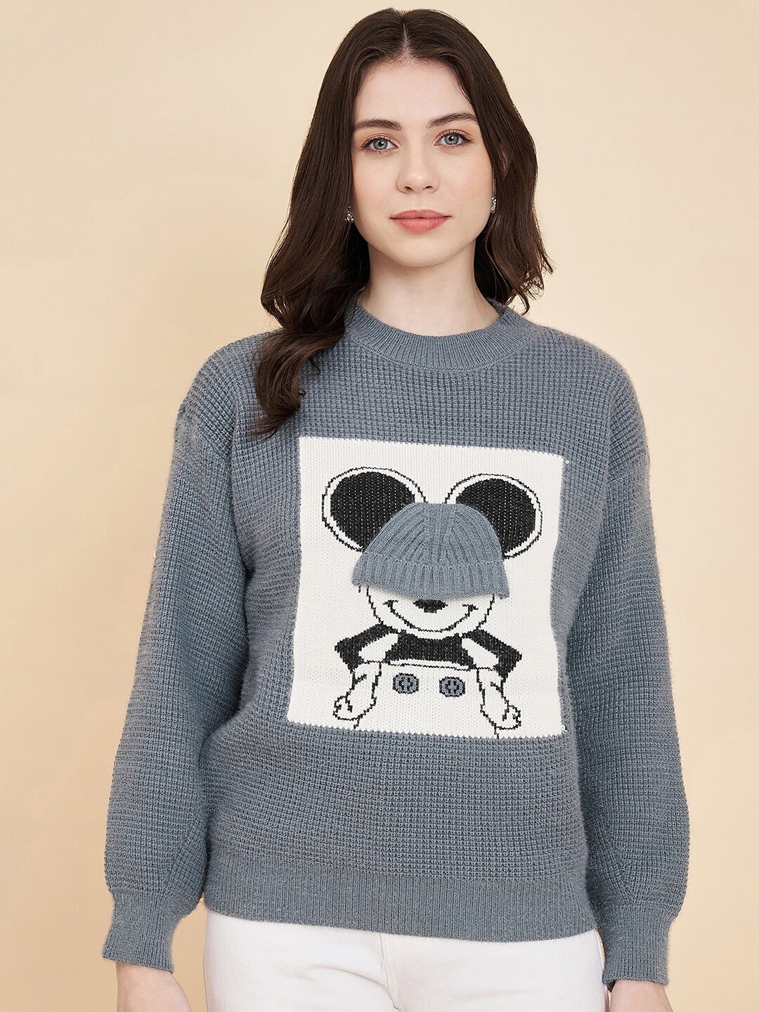 

BROOWL Mickey Mouse Printed Long Sleeves Woollen Pullover, Grey