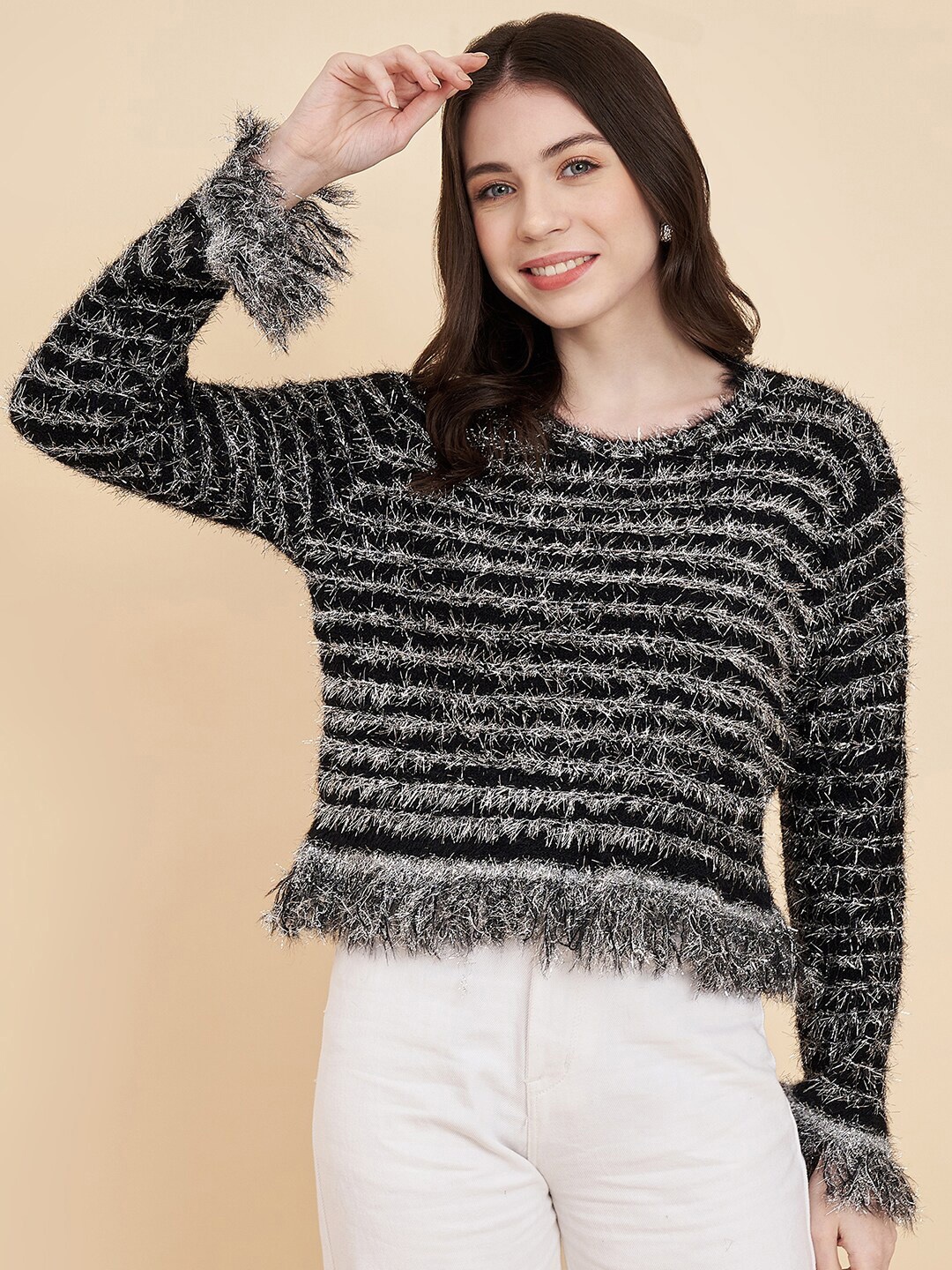 

BROOWL Striped Long Sleeves Woollen Pullover, Black