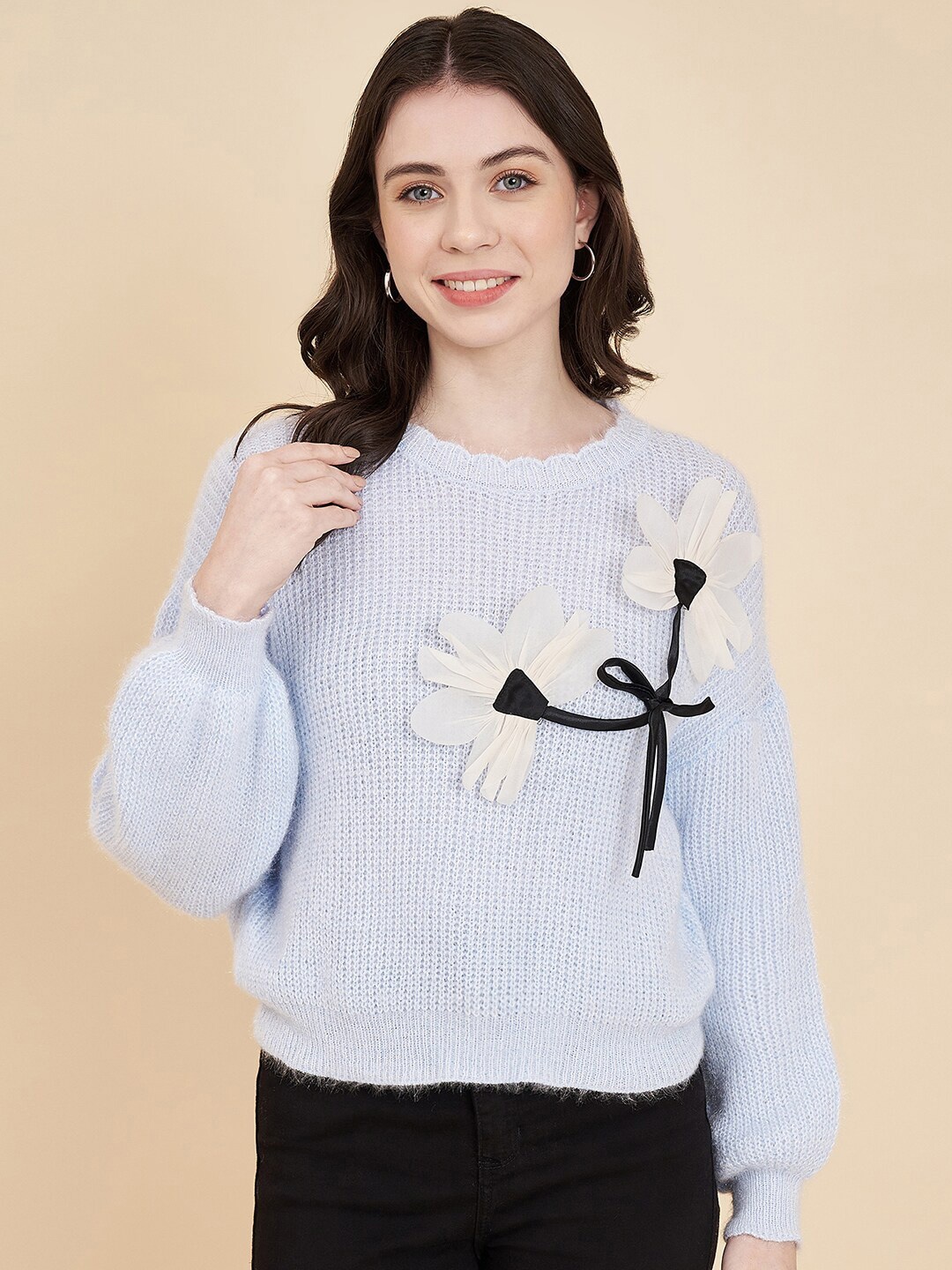 

BROOWL Cable Knit Long Sleeves Woollen Pullover, Blue