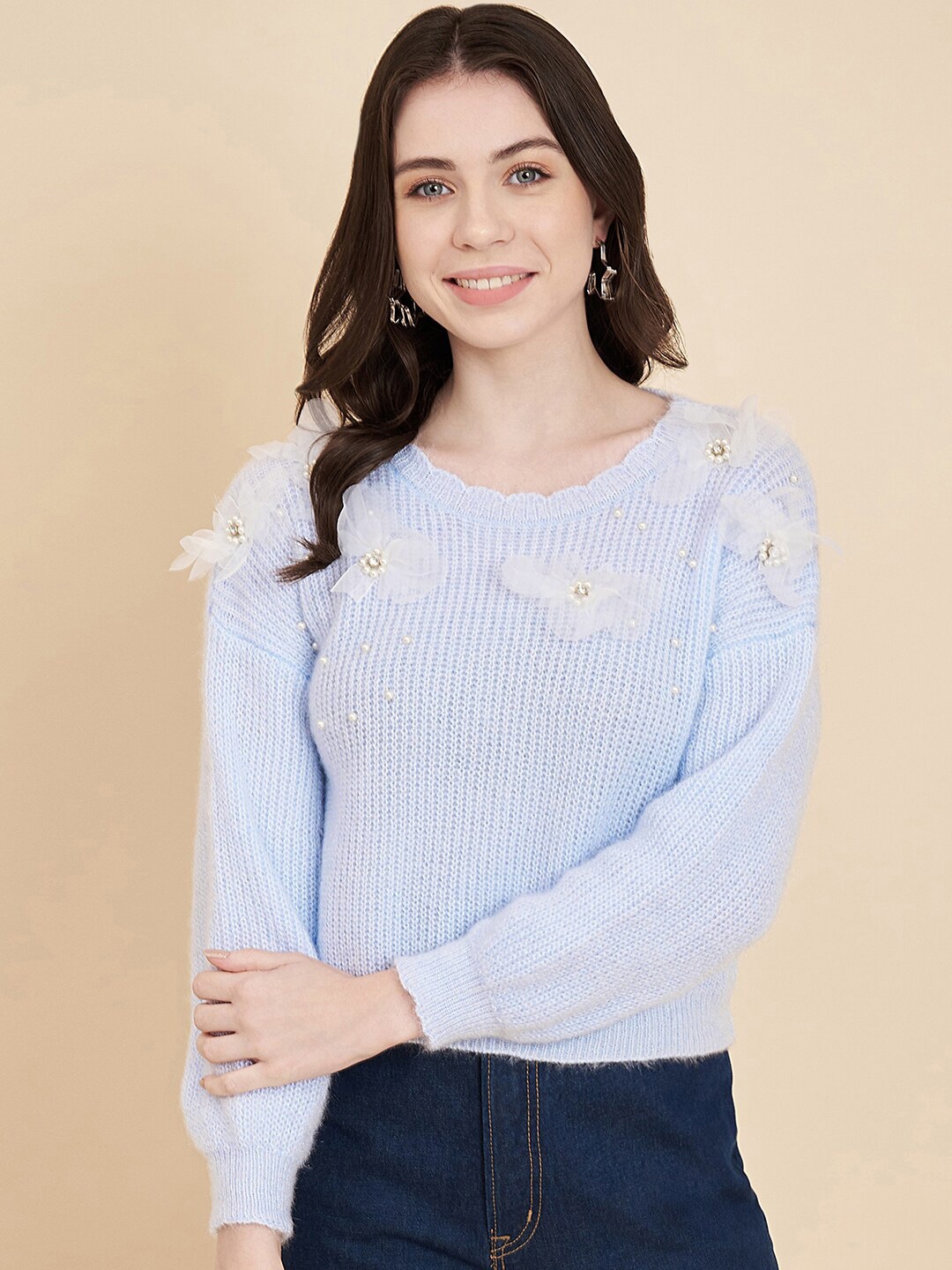 

BROOWL Ribbed Embellished Woolen Pullover Sweater, Blue