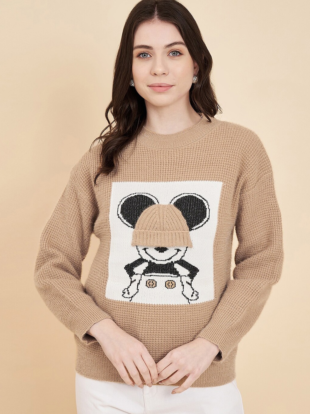 

BROOWL Mickey Mouse Printed Woollen Pullover Sweater, Camel brown