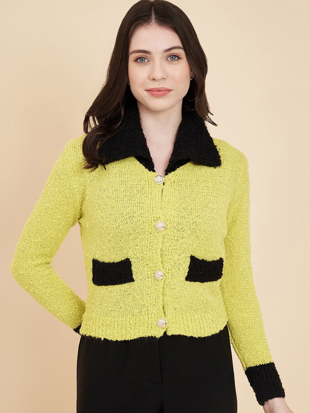 BROOWL Shirt Collar Woollen Cardigan Sweater, Green