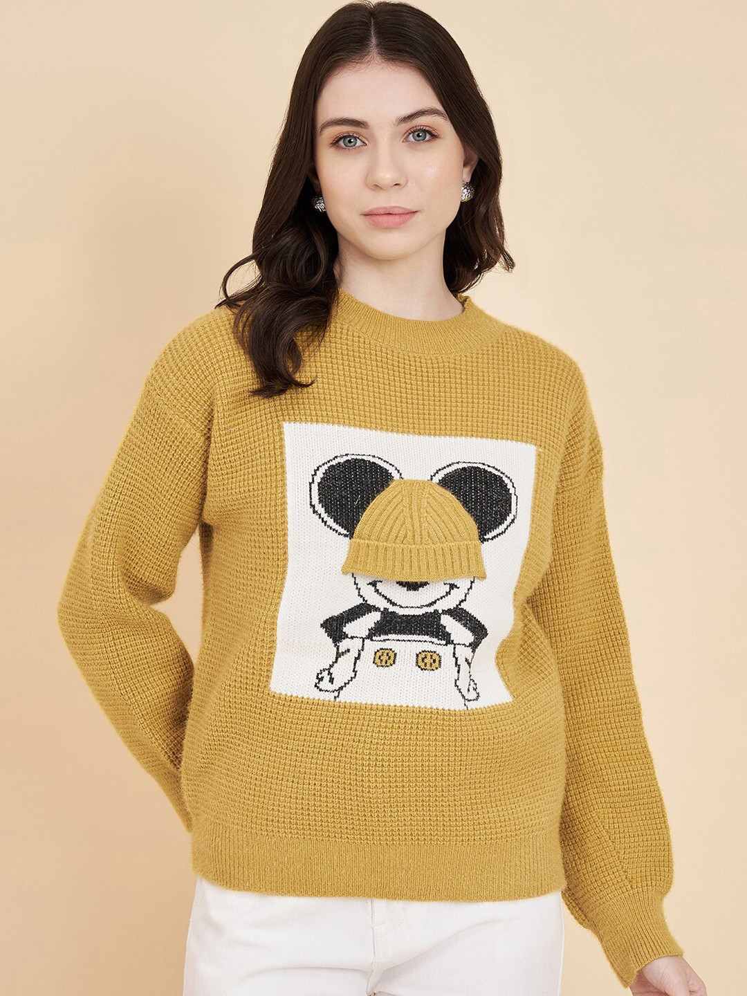 

BROOWL Mickey Mouse Printed Woollen Pullover Sweater, Mustard