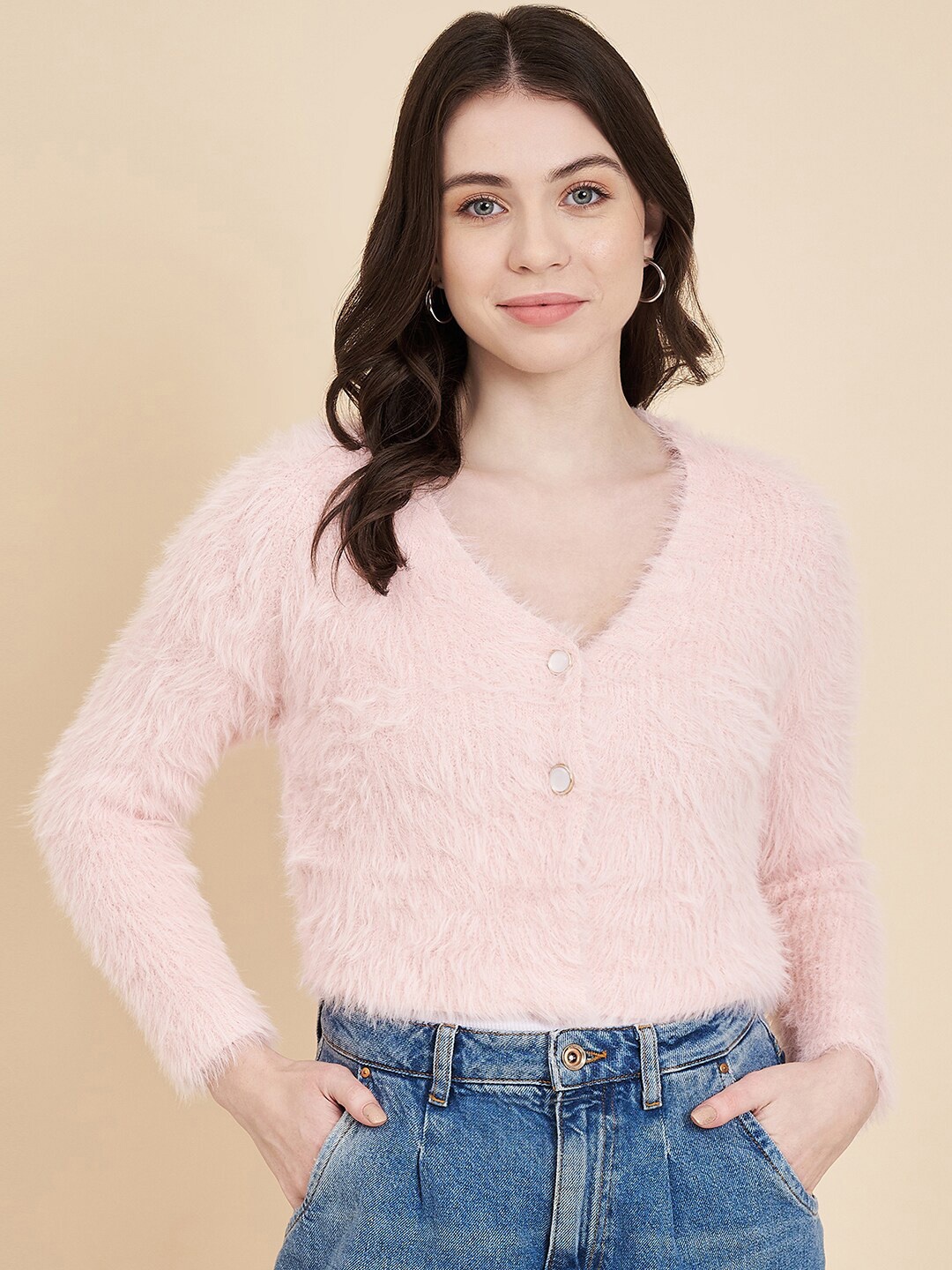 

BROOWL Long Sleeves Woollen Cropped Fuzzy Cardigan, Pink