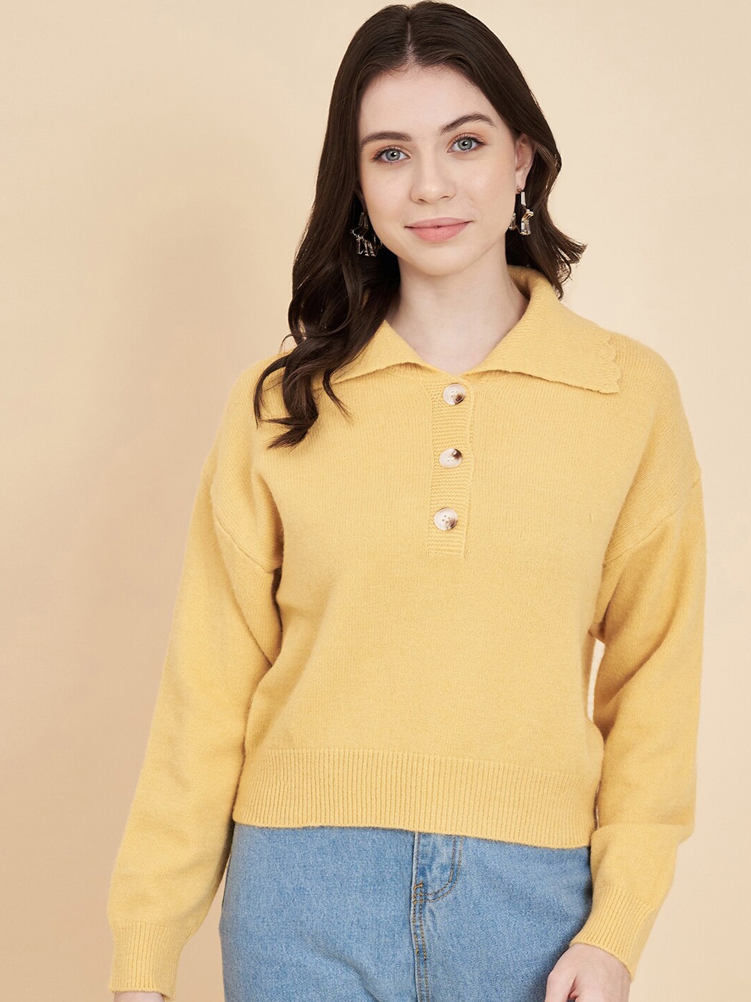 

BROOWL Shirt Collar Woollen Pullover Sweater, Yellow