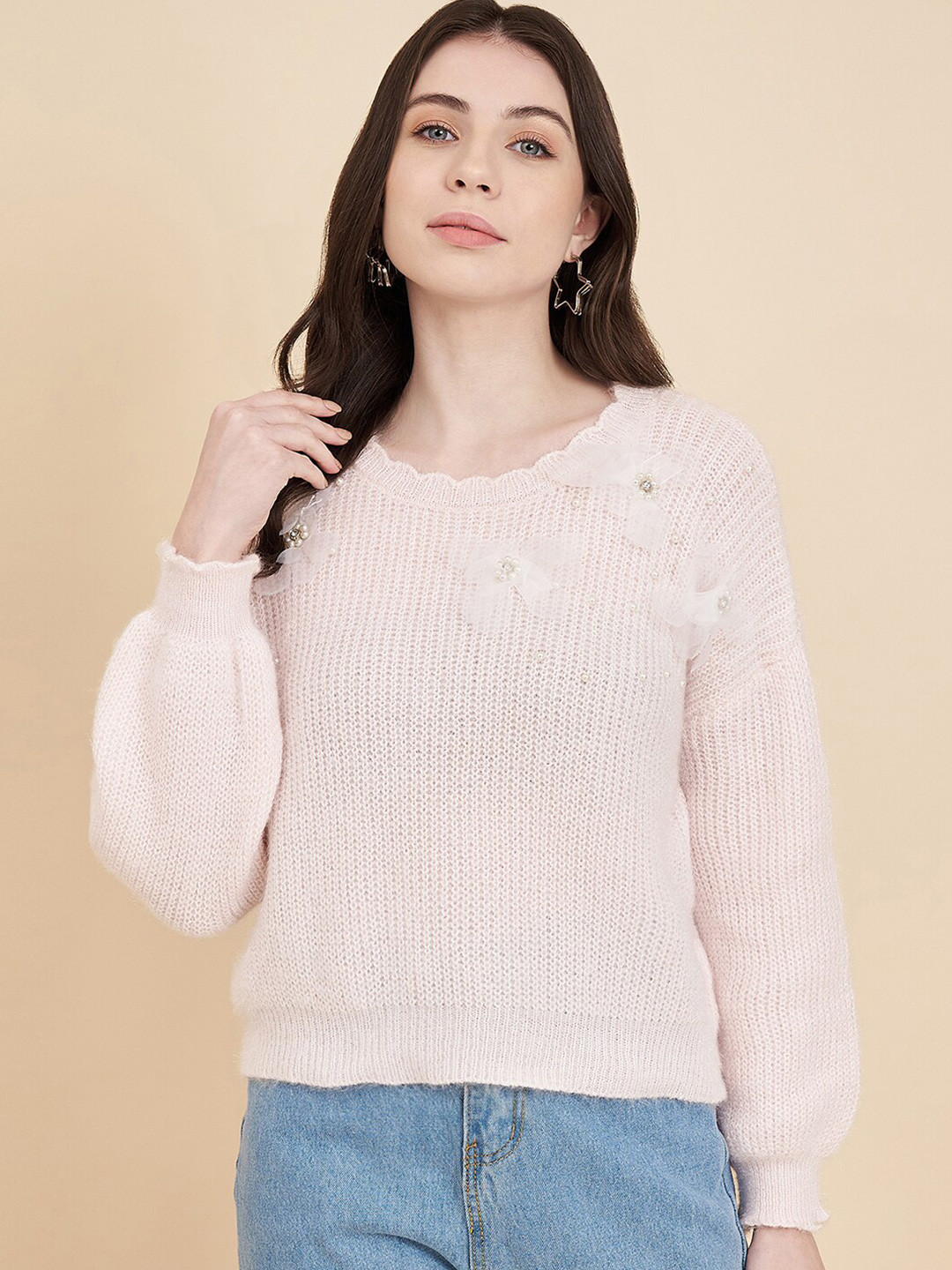 

BROOWL Ribbed Embellished Woolen Pullover Sweater, Pink