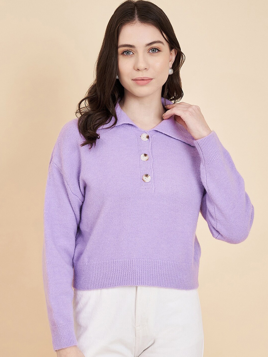 

BROOWL Shirt Collar Woollen Pullover Sweater, Purple