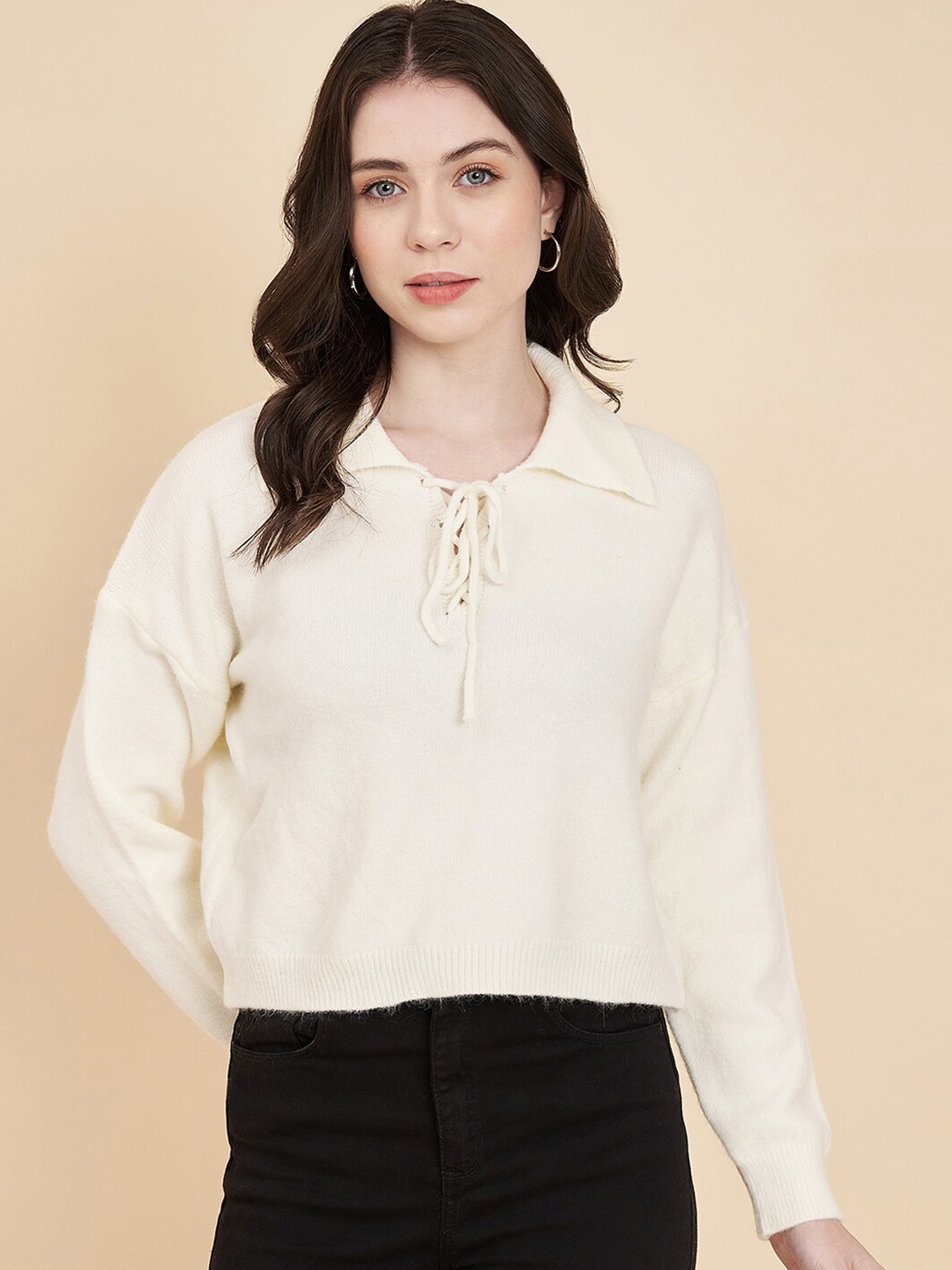 

BROOWL Shirt Collar Woolen Pullover Sweater, Cream