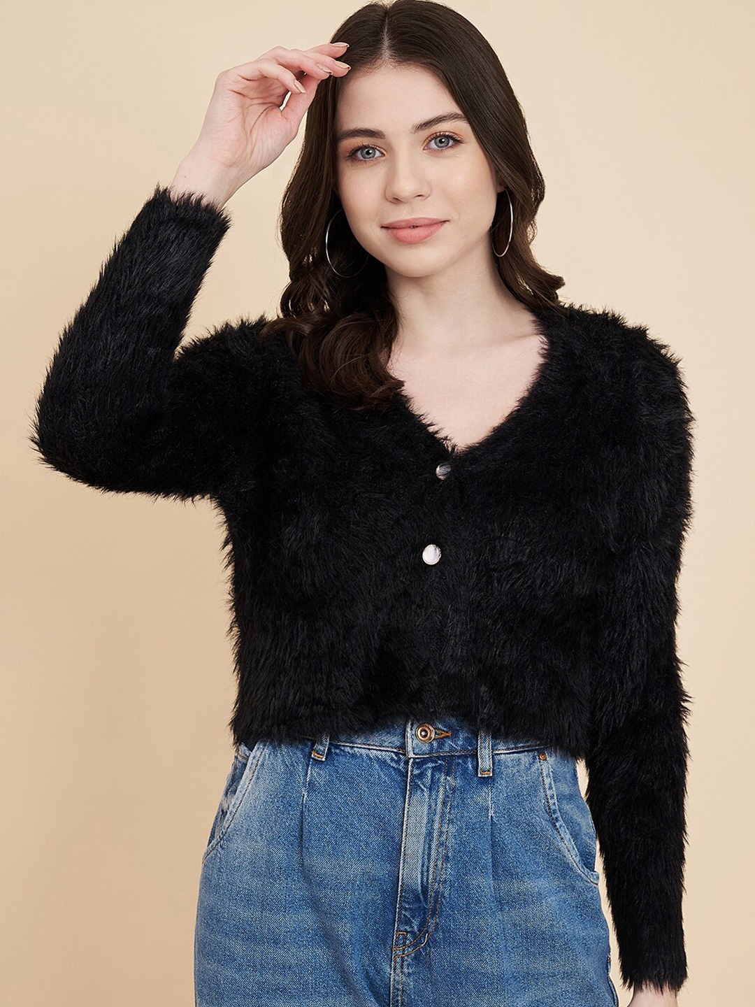 

BROOWL Long Sleeves Woollen Cropped Fuzzy Cardigan, Black