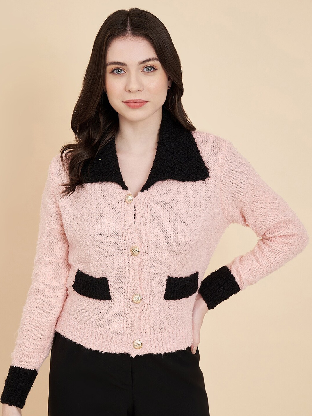 

BROOWL Long Sleeves Woollen Fuzzy Cardigan, Pink