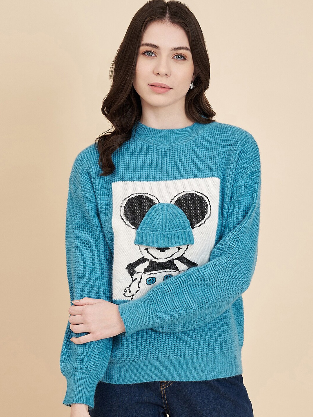 

BROOWL Graphic Self Design Woolen Pullover Sweater, Teal