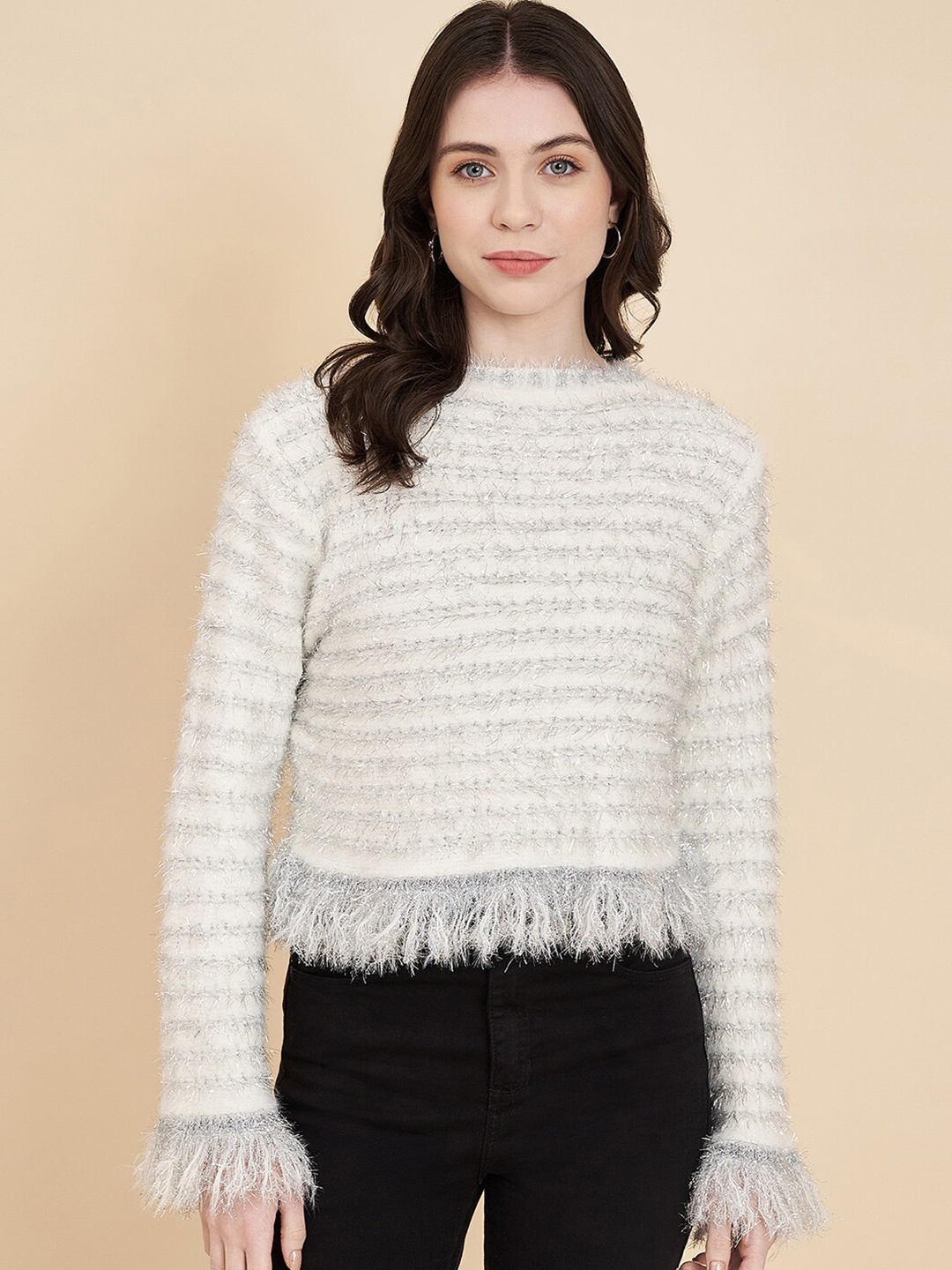 

BROOWL Striped Fuzzy Woolen Pullover Sweater, White