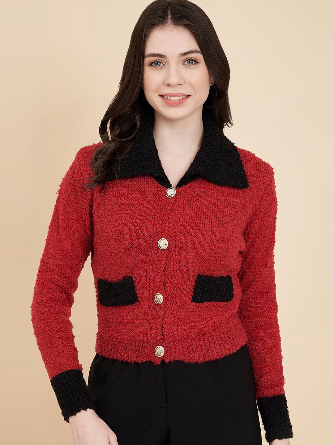 

BROOWL Colourblocked Woolen Cardigan Sweater, Red