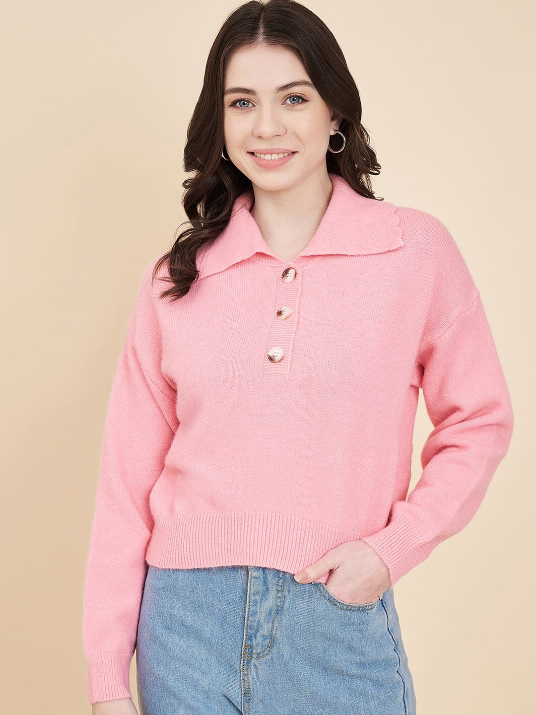 

BROOWL Shirt Collar Woolen Pullover Sweater, Pink