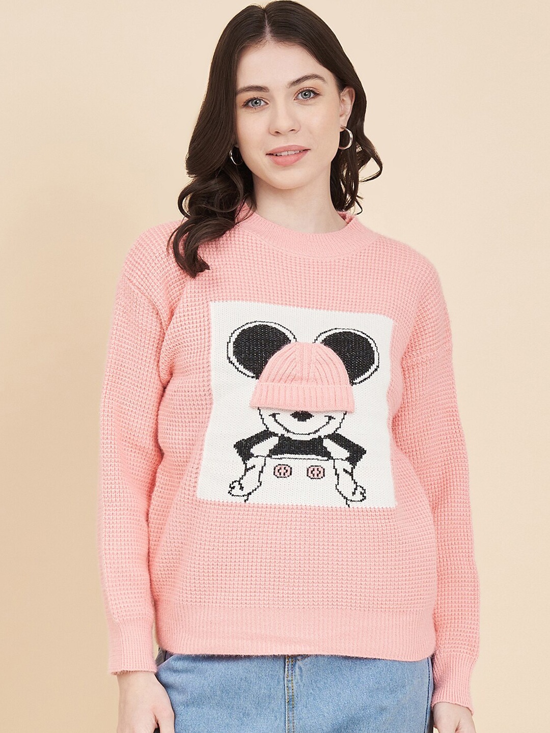 

BROOWL Mickey Mouse Printed Woollen Pullover Sweater, Pink