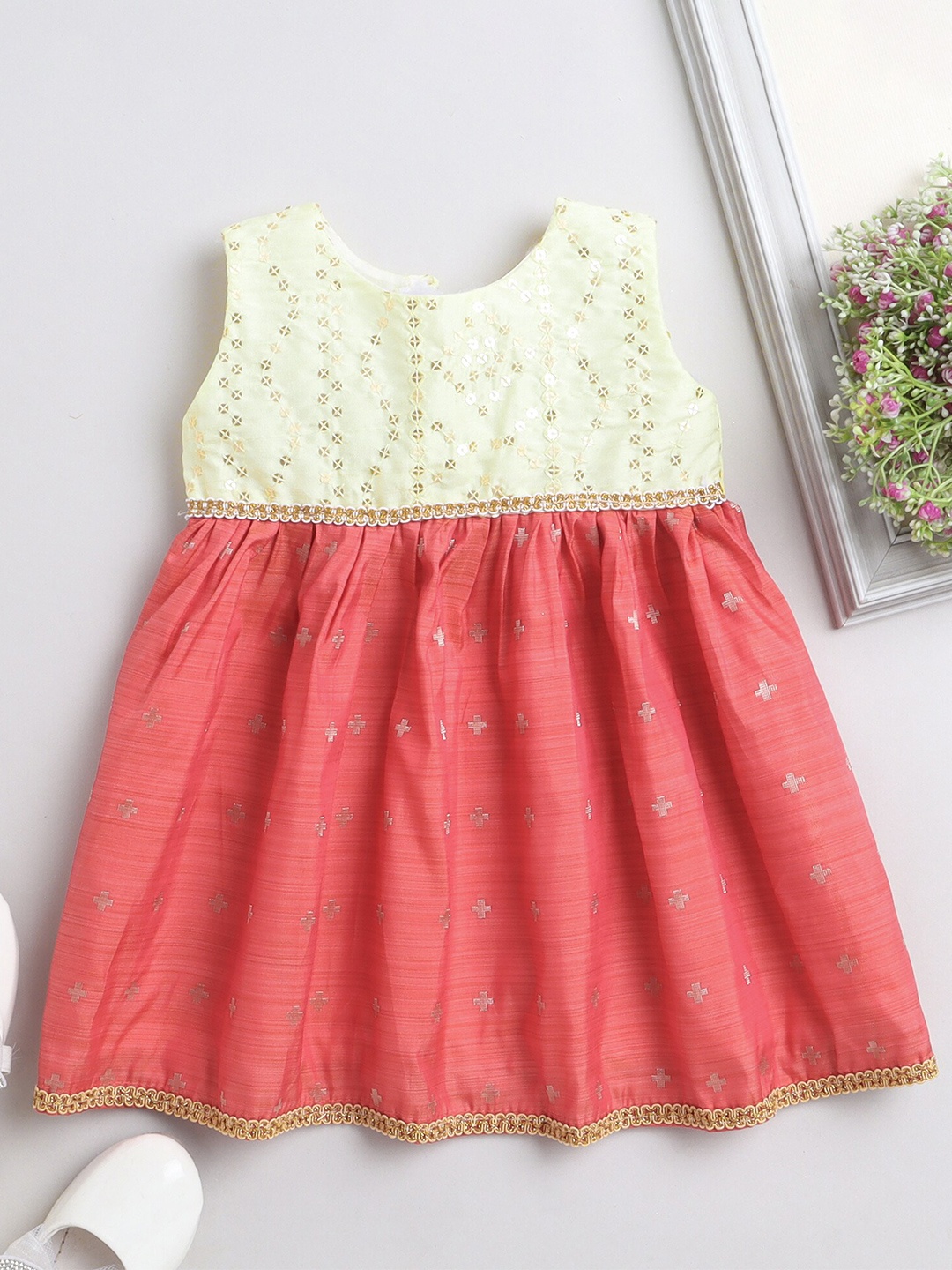 

MANY FROCKS & Girls Geometric Woven Design Satin Dress, Cream