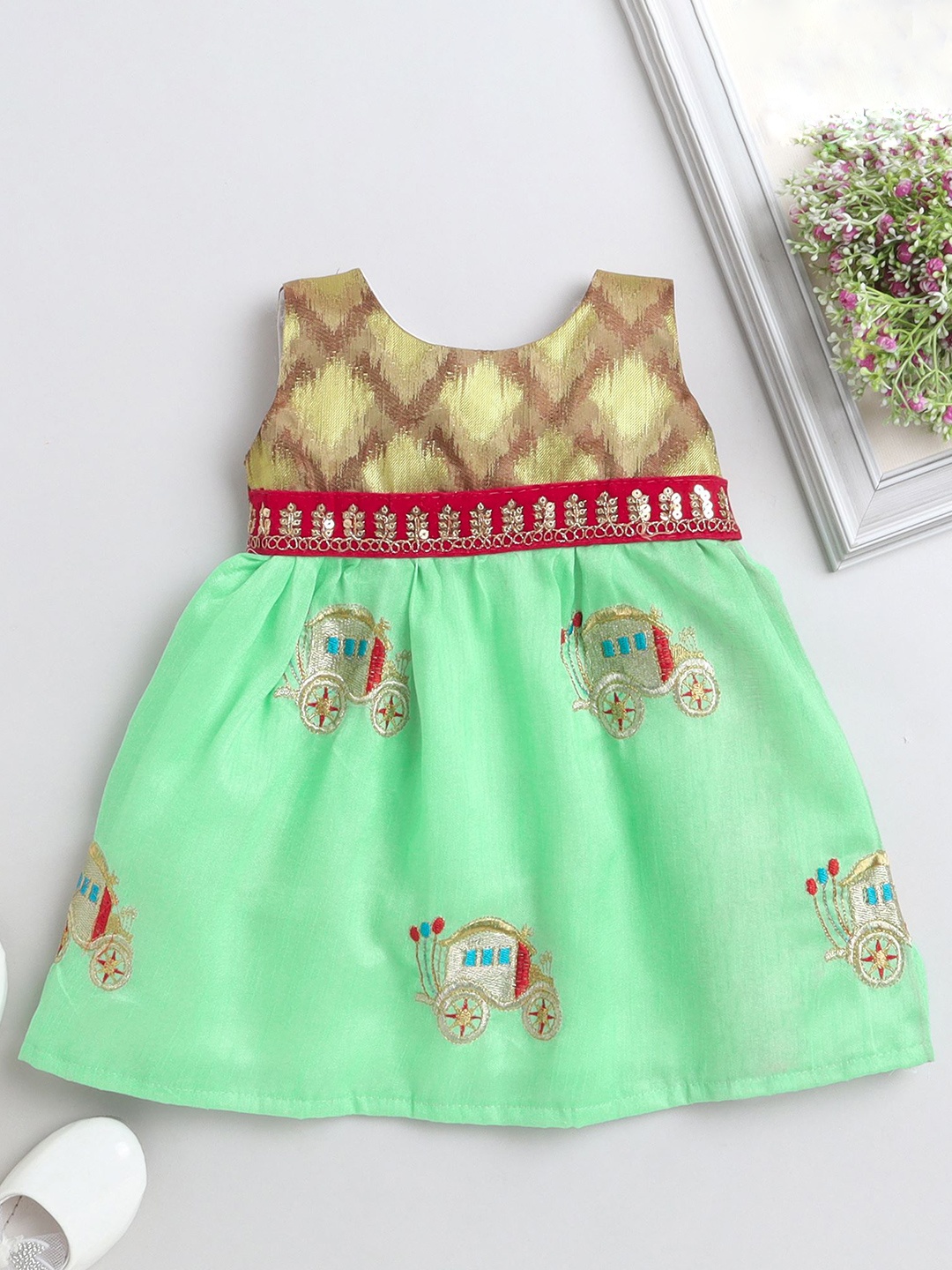 

MANY FROCKS & Girls Ethnic Motifs Embroidered Satin Fit and Flare Dress, Gold