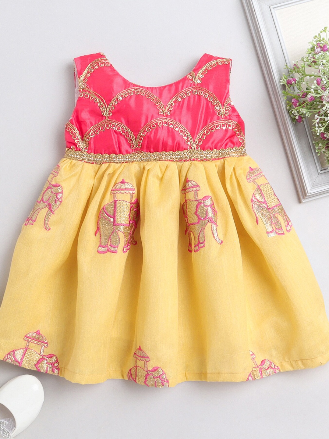 

MANY FROCKS & Girls Ethnic Motifs Embroidered Satin Dress, Pink