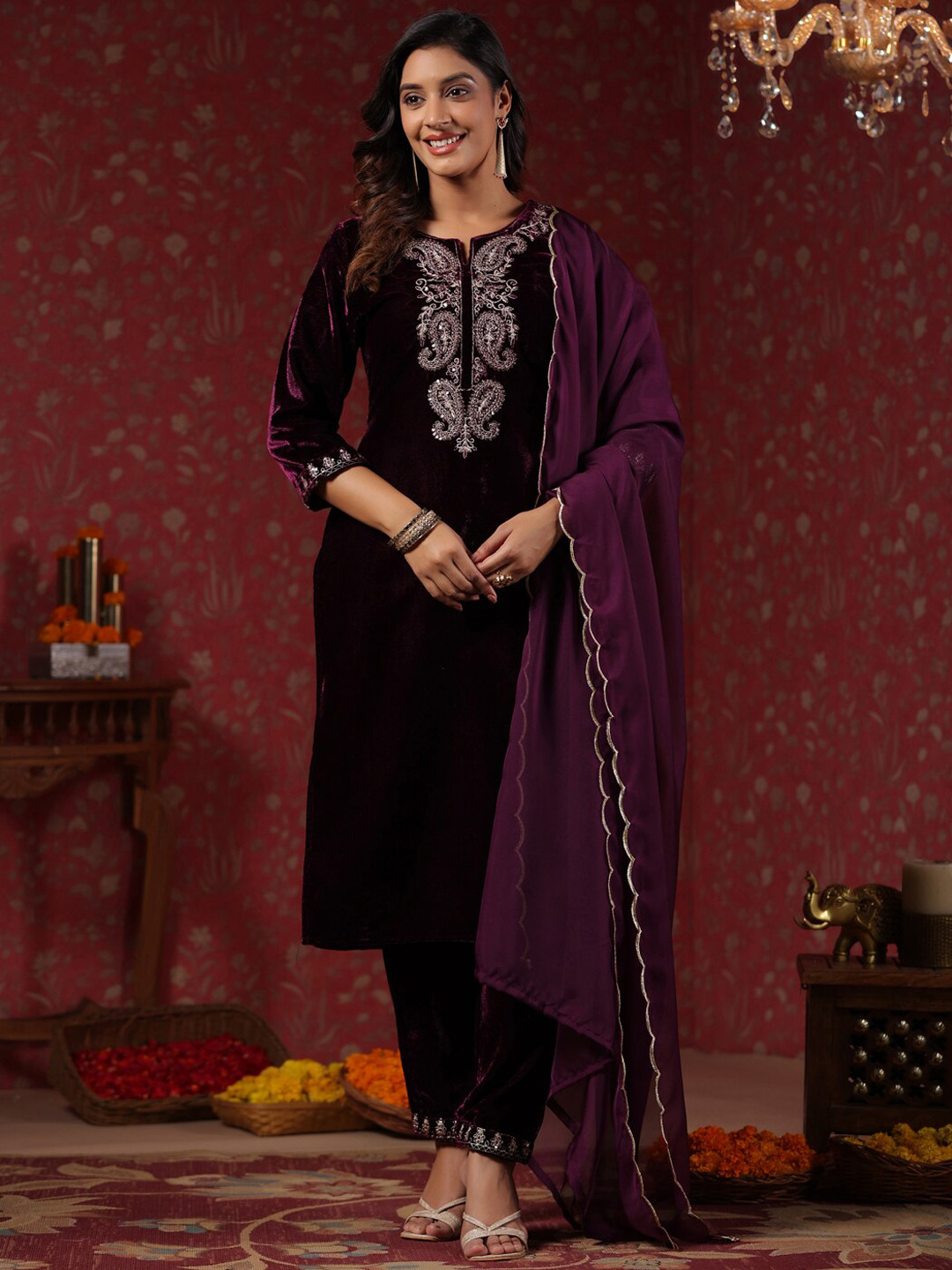 

Ishin Ethnic Motifs Yoke Design Regular Zari Velvet Kurta With Trousers & Dupatta, Purple
