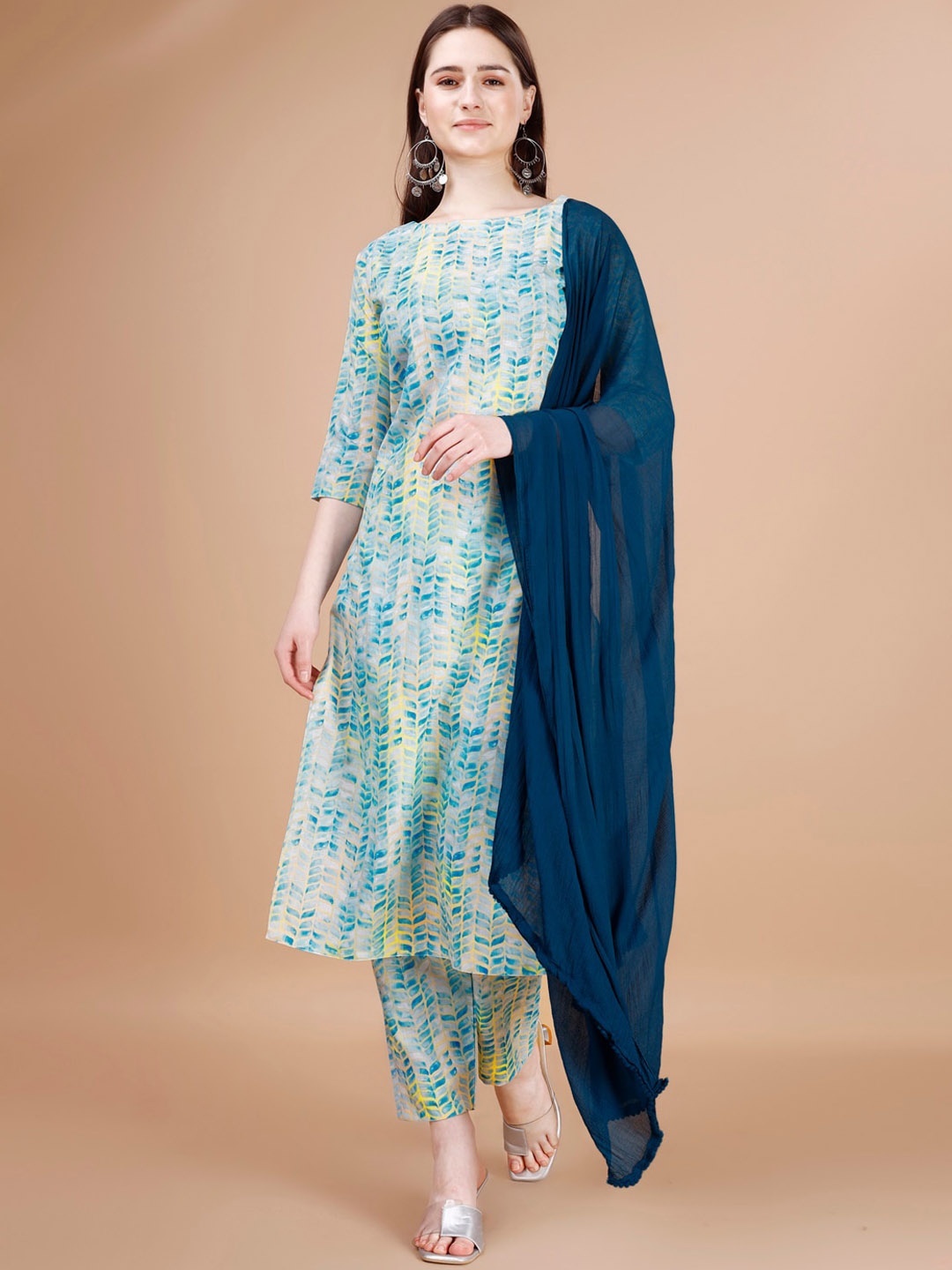 

KALINI Geometric Printed Regular Kurta With Trousers & Dupatta, Green