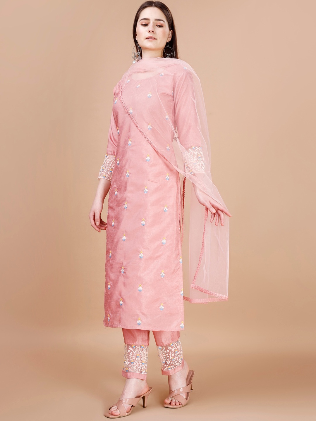 

KALINI Ethnic Motifs Embroidered Thread Work Detail Straight Kurta & Trouser With Dupatta, Peach