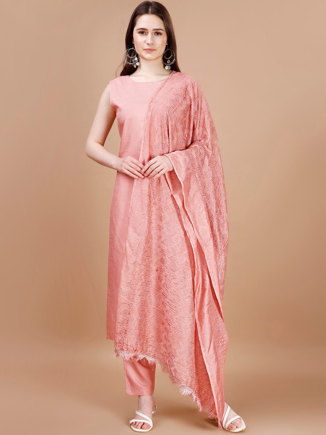 KALINI Round Neck Sleeveless Regular Kurta With Trousers & Dupatta, Peach