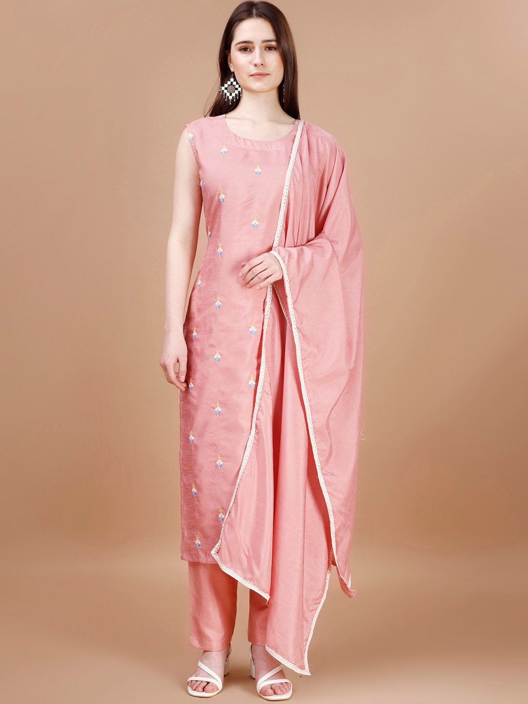KALINI Ethnic Motifs Embroidered Thread Work Detail Straight Kurta & Trouser With Dupatta, Peach