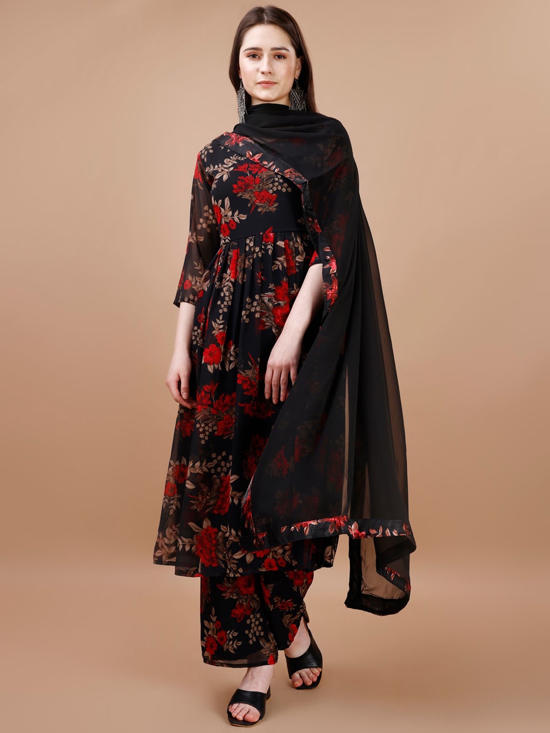 KALINI Floral Printed A-Line Kurta & Palazzos With Dupatta, Black