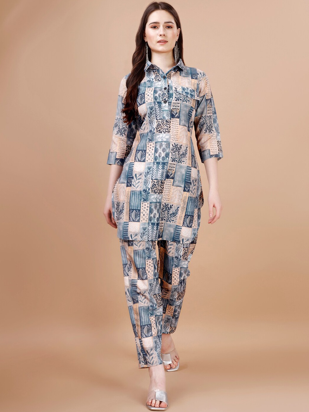

KALINI Printed Shirt Collar Tunic With Trouser, Blue