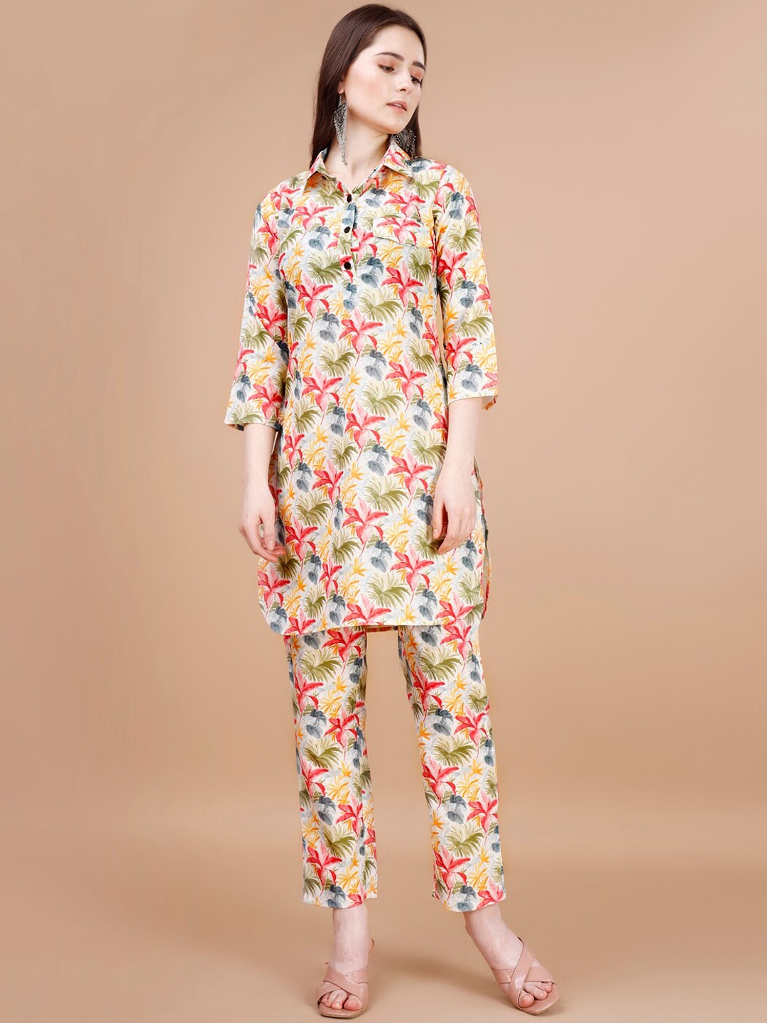 

KALINI Printed Shirt Collar Tunic With Trouser, Beige