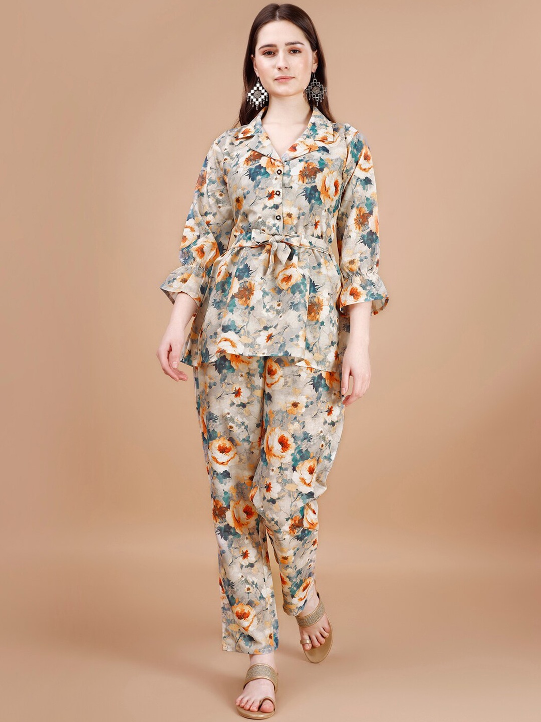 

KALINI Printed Bell Sleeves Tie-Ups Notched Lapel Collar Tunic With Trouser, Beige