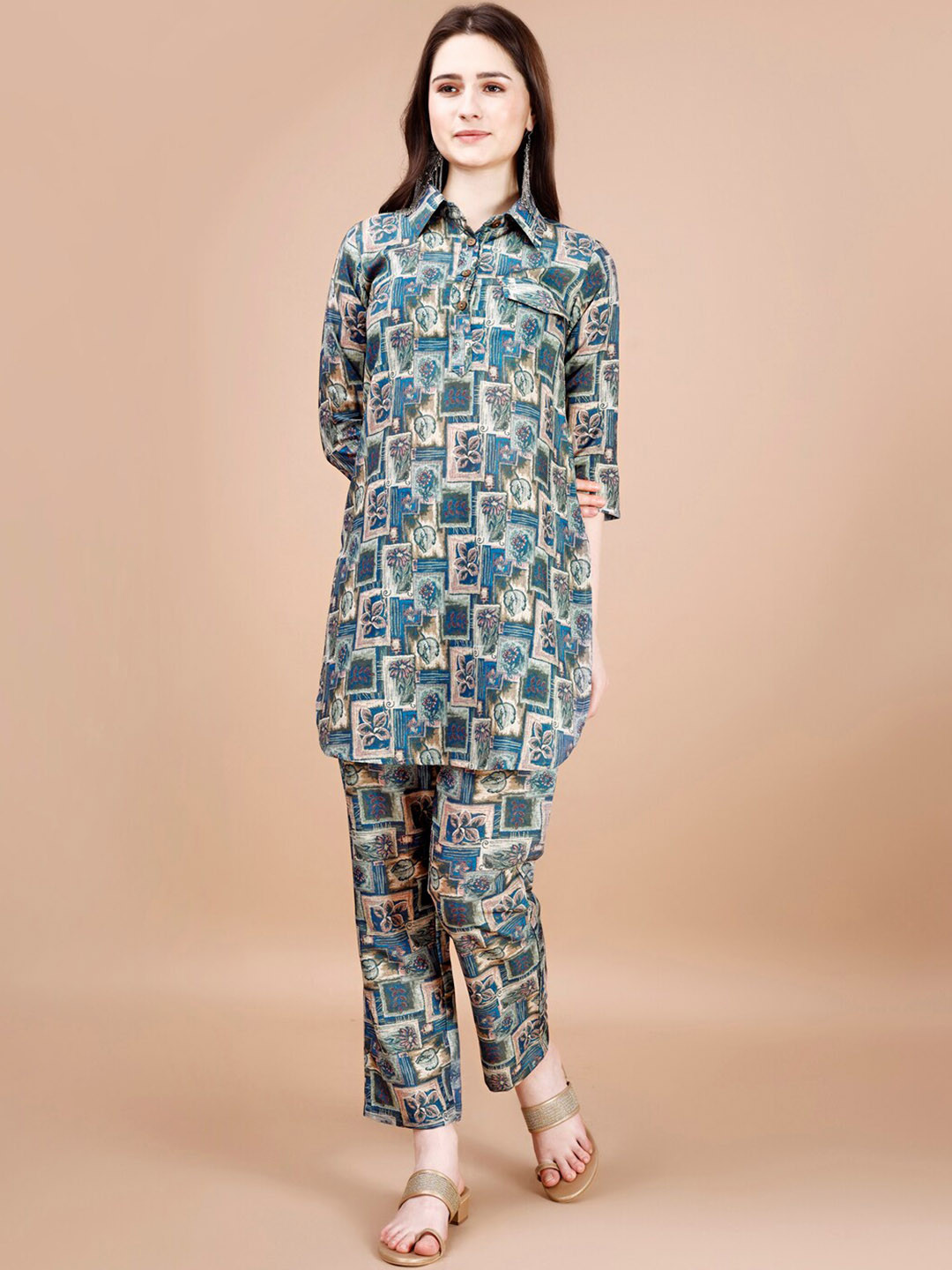 

KALINI Printed Shirt Collar Tunic With Trouser, Blue