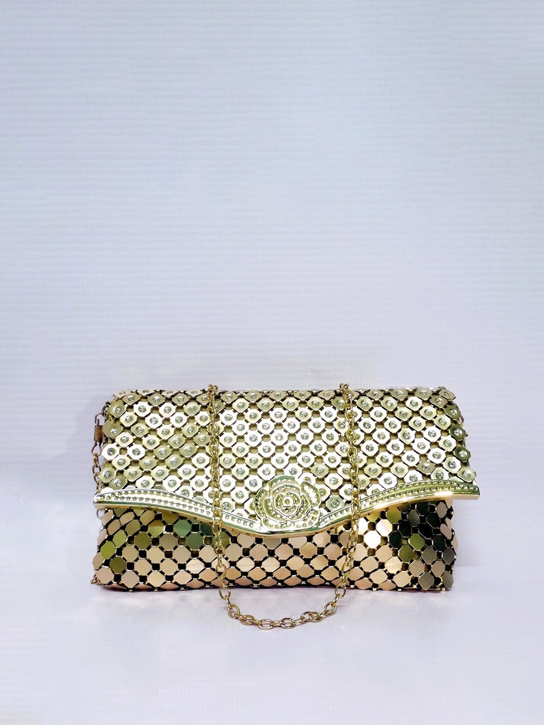 

CHRONICLE Embellished Foldover Clutch, Gold
