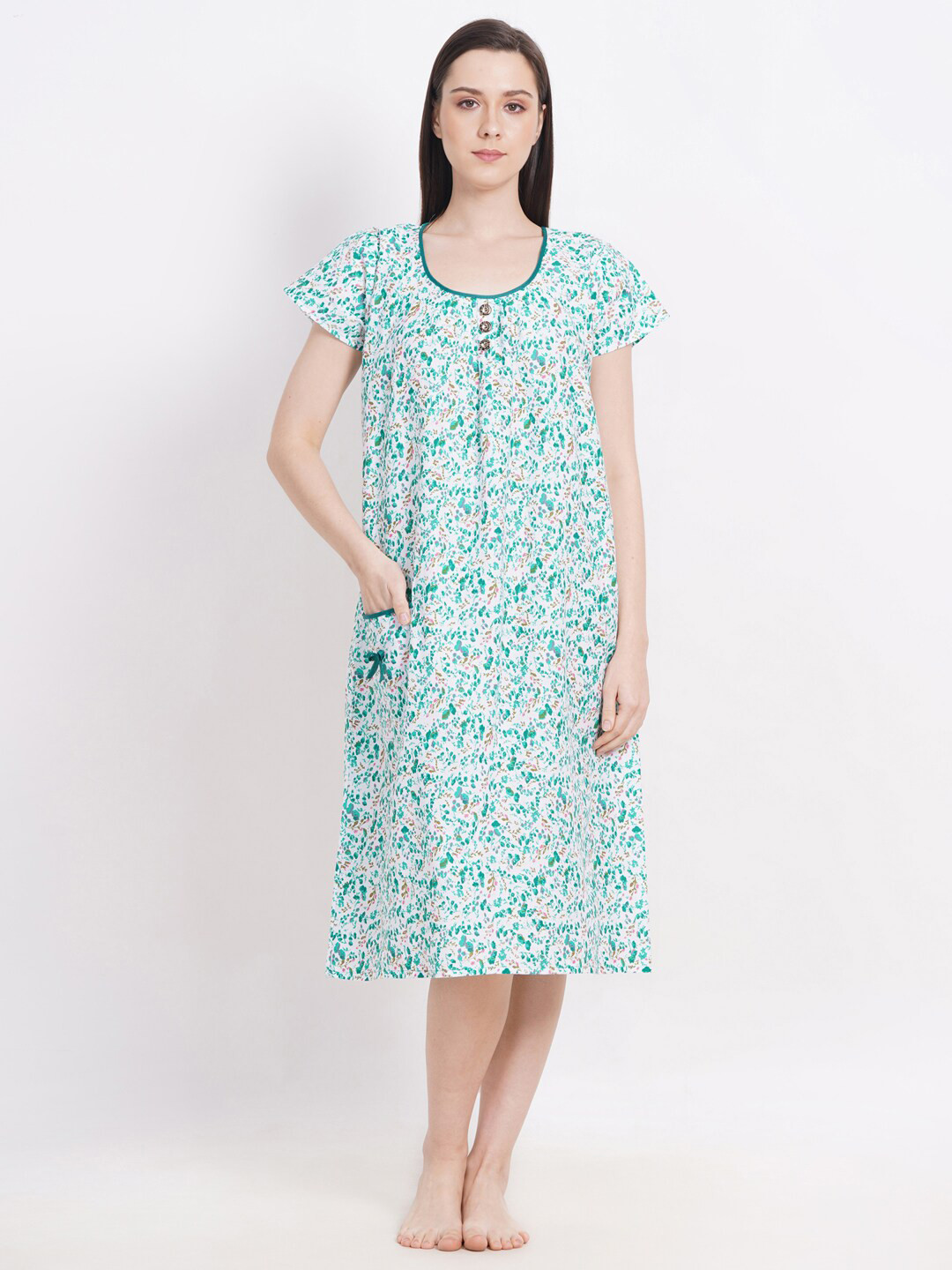 

Breezly Floral Printed Pure Cotton Midi Nightdress, White