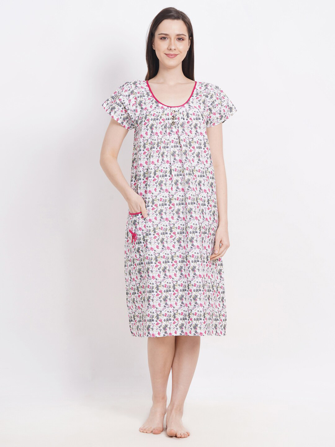 

Breezly Floral Printed Pure Cotton Midi Nightdress, White