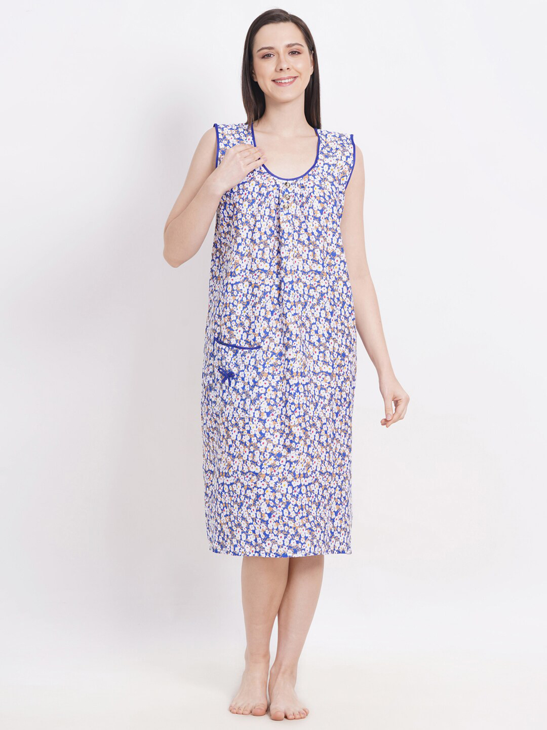 

Breezly Floral Printed Pure Cotton Midi Nightdress, White