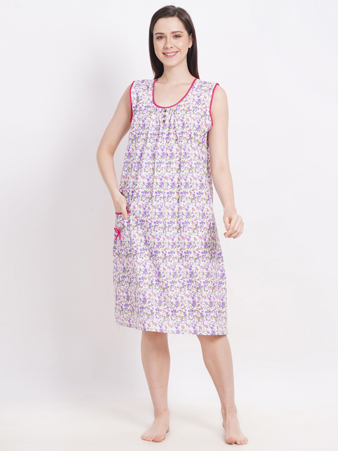 

Breezly Floral Printed Pure Cotton Midi Nightdress, White