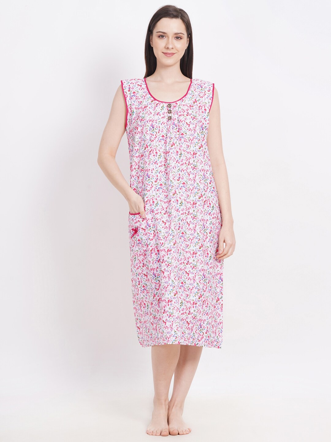 

Breezly Floral Printed Pure Cotton Midi Nightdress, White
