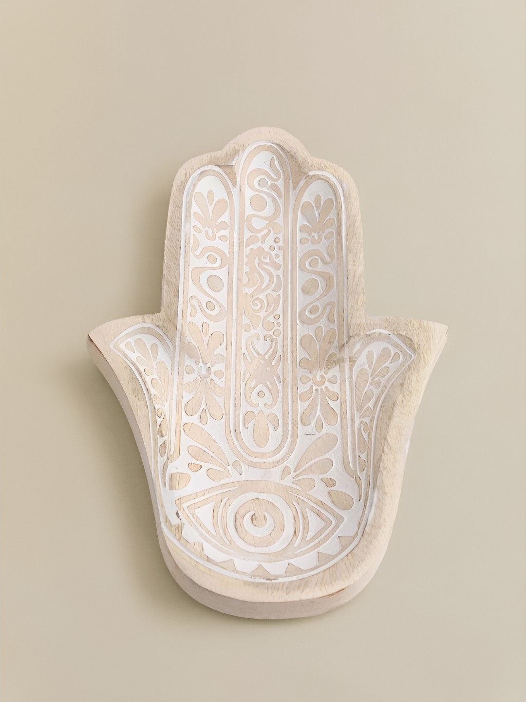 

Duadecor White & Beige Textured Wooden Carved Small Accessories Organizer Tray