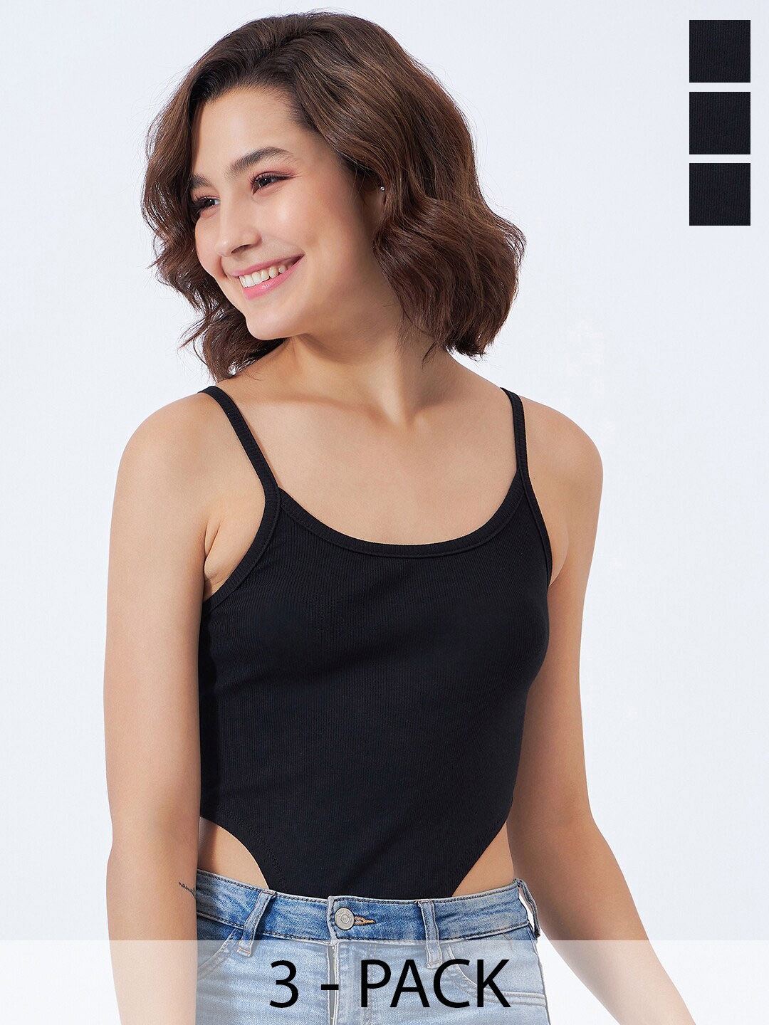 

COLOR CAPITAL Pack Of 3 Shoulder Straps High-Cut Cotton Bodysuit, Black