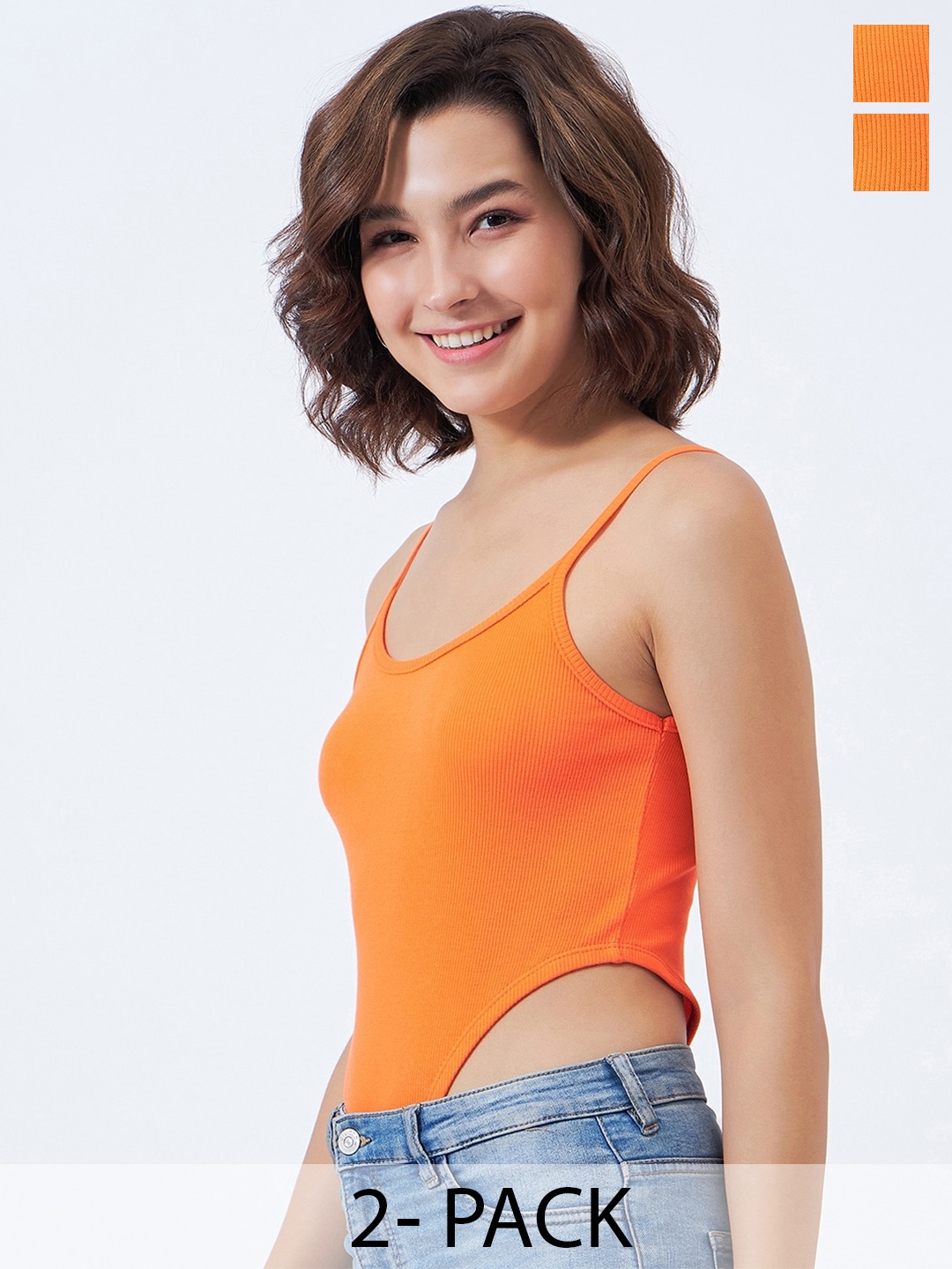 

COLOR CAPITAL Pack Of 2 Shoulder Straps High-Cut Cotton Bodysuit, Orange
