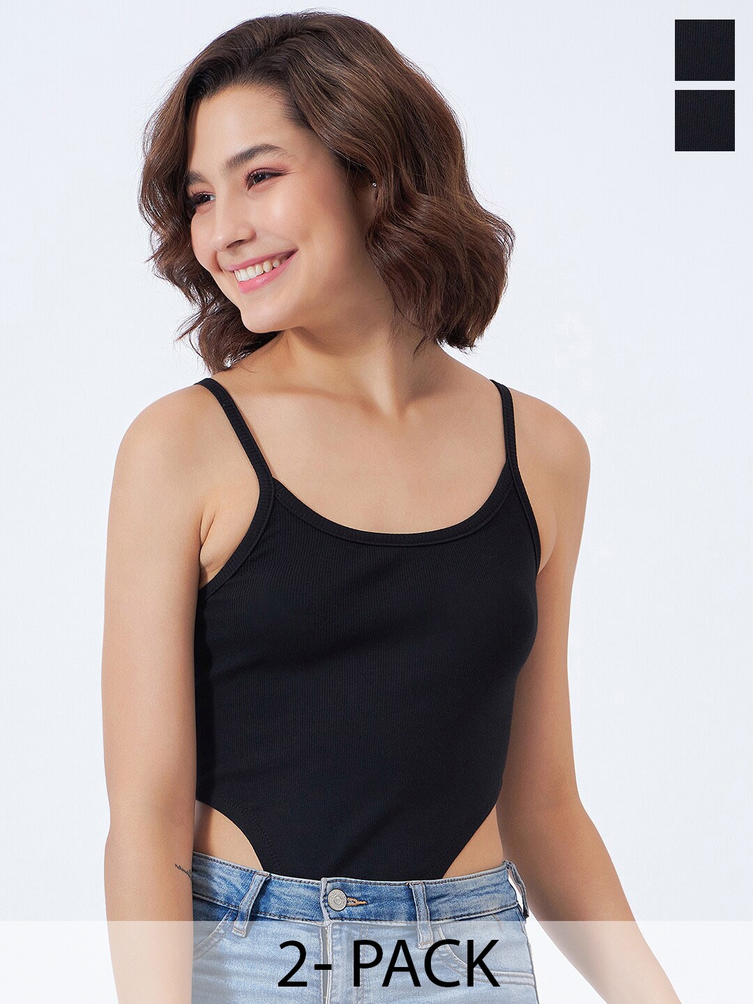 

COLOR CAPITAL Pack Of 2 Shoulder Straps High-Cut Cotton Bodysuit, Black