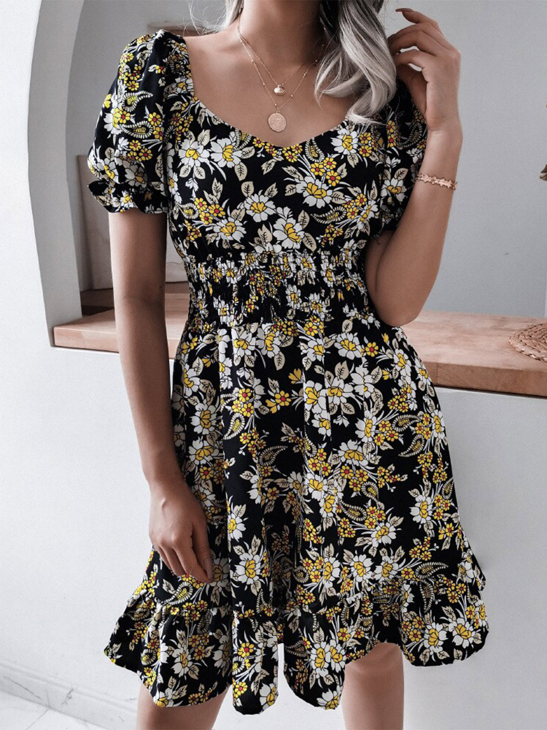 

StyleCast Black Floral Printed Puff Sleeves With Smocked & Gathers A-Line Dress