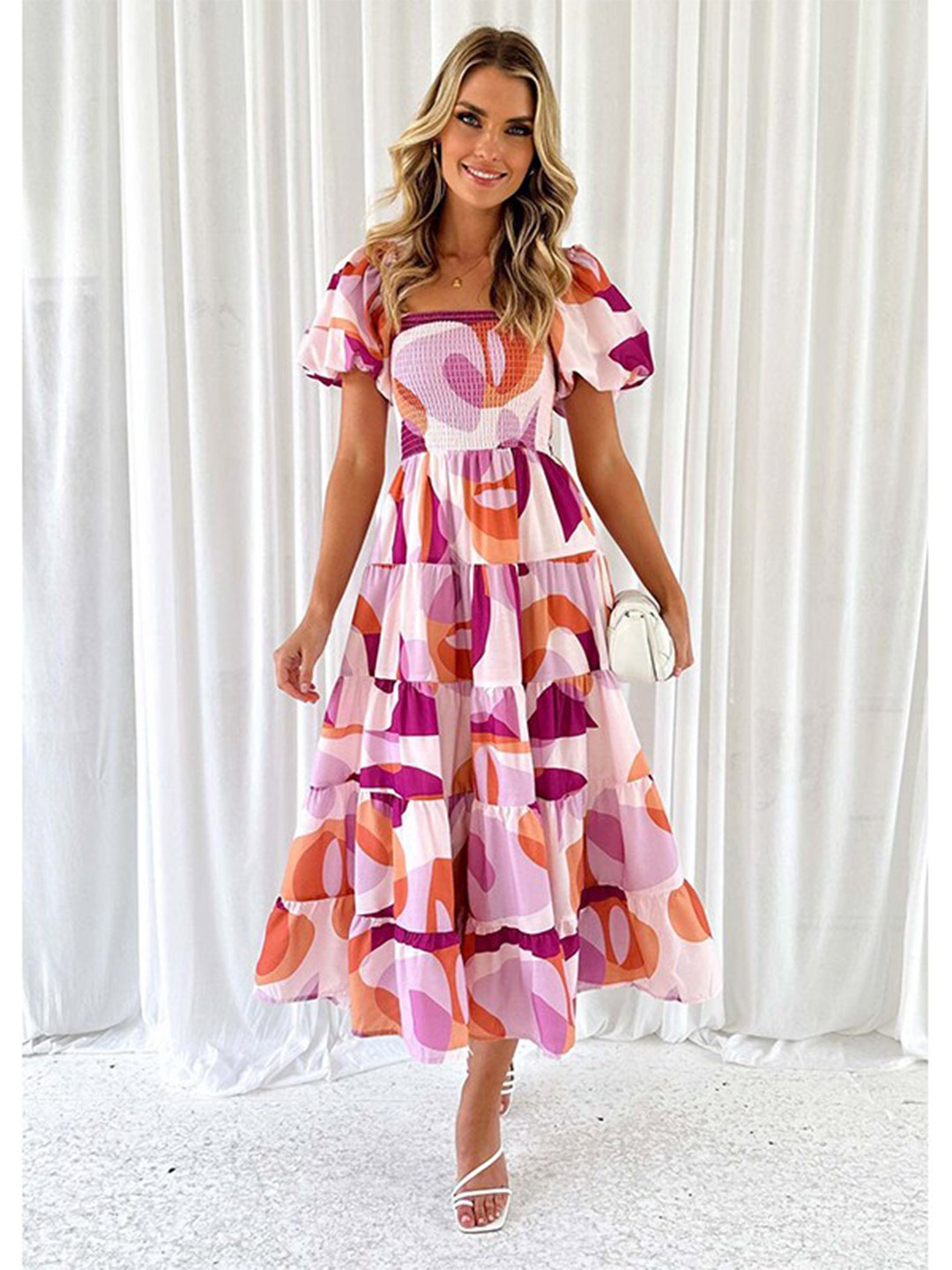 

StyleCast Purple Abstract Printed Square Neck Puff Sleeve Midi Dress