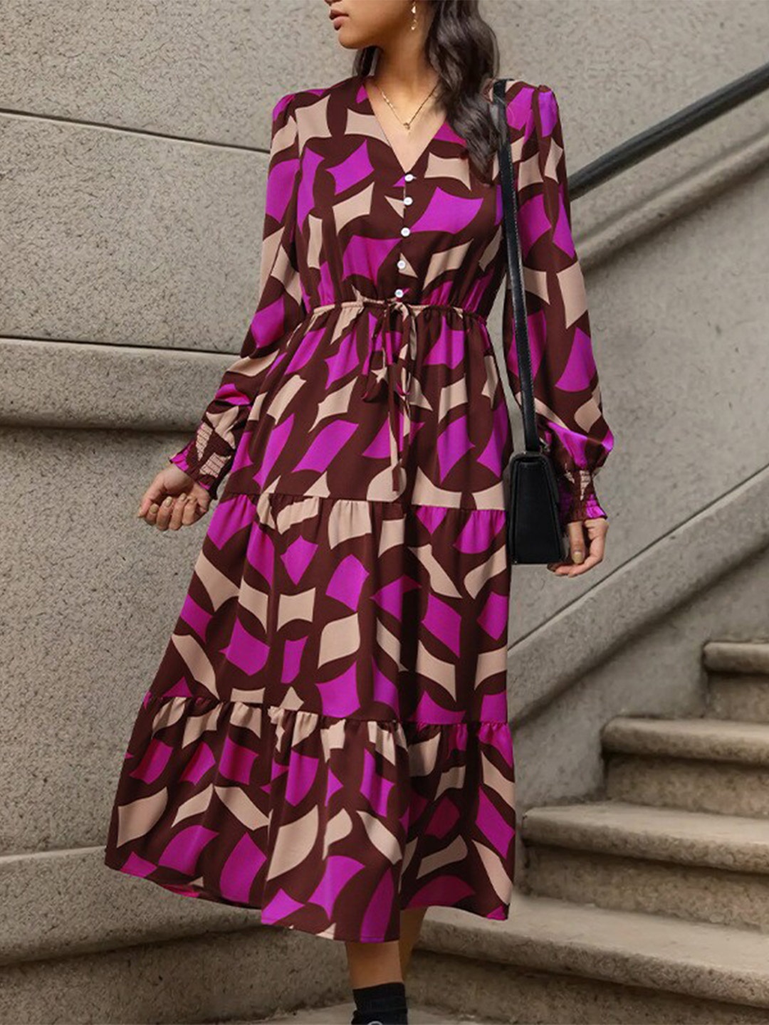 

StyleCast Fuchsia Abstract Printed Tie Up A-Line Midi Dress
