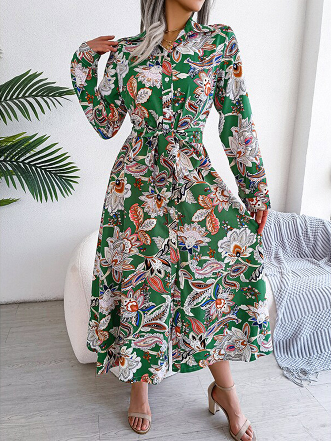

StyleCast Green Floral Printed Shirt Collar Midi Shirt Dress